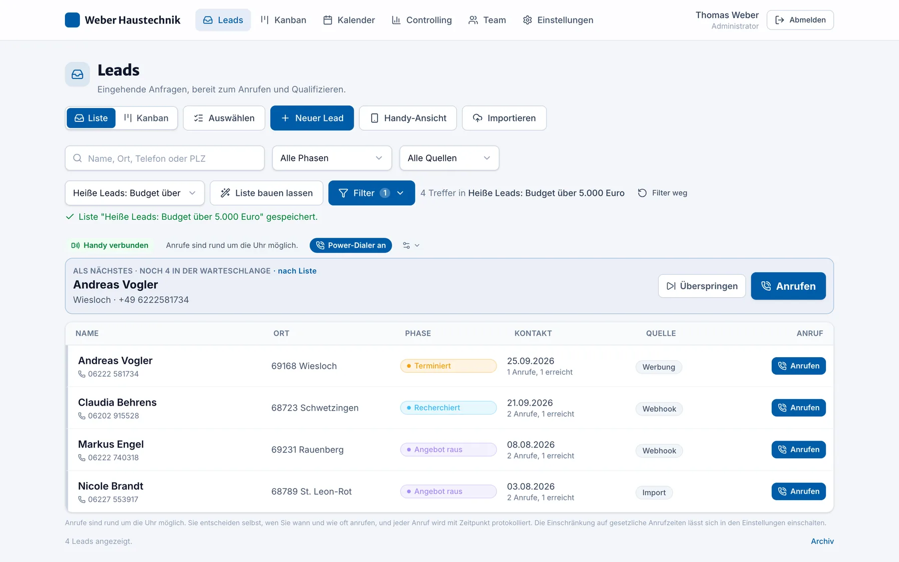 Power-Dialer im Handwerk Manager